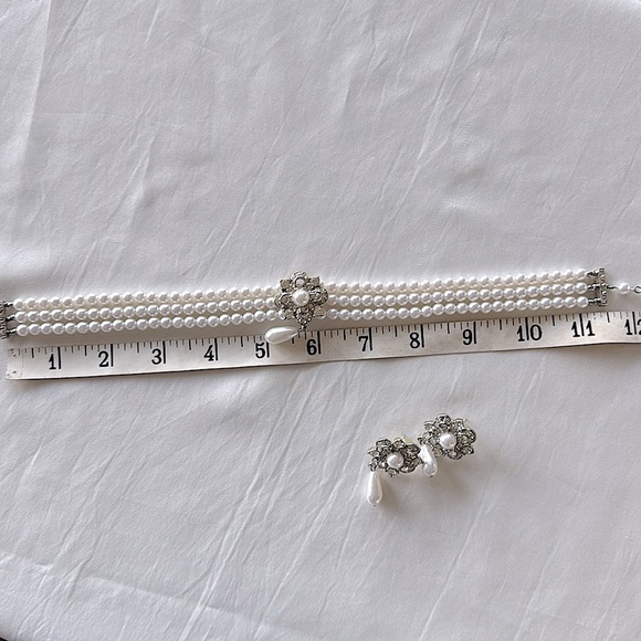 Vintage Hollywood Regency 50s Rhinestone & Pearl Choker Necklace Earrings Set - Picture 9 of 12